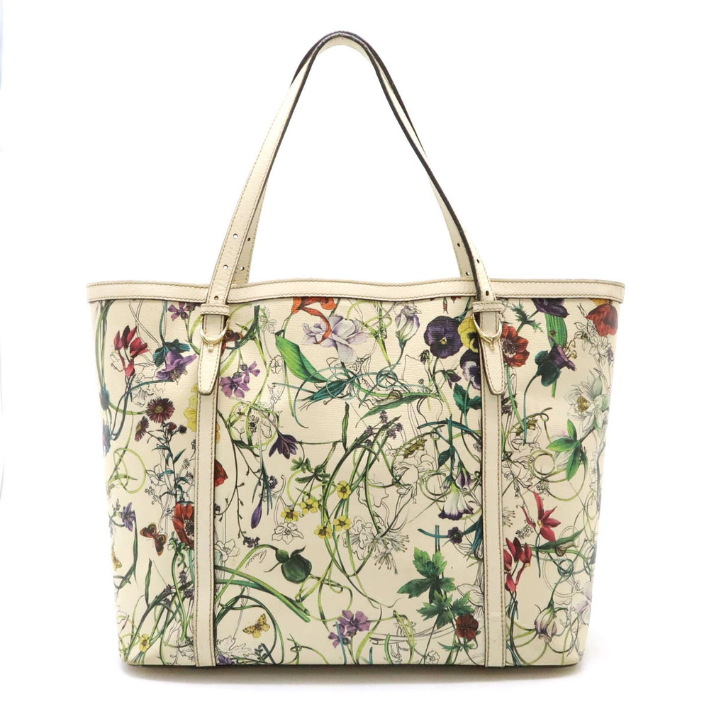 Gucci Flora Flower Nice Tote Bag Shoulder Floral Leather Beige Cream Multicolor